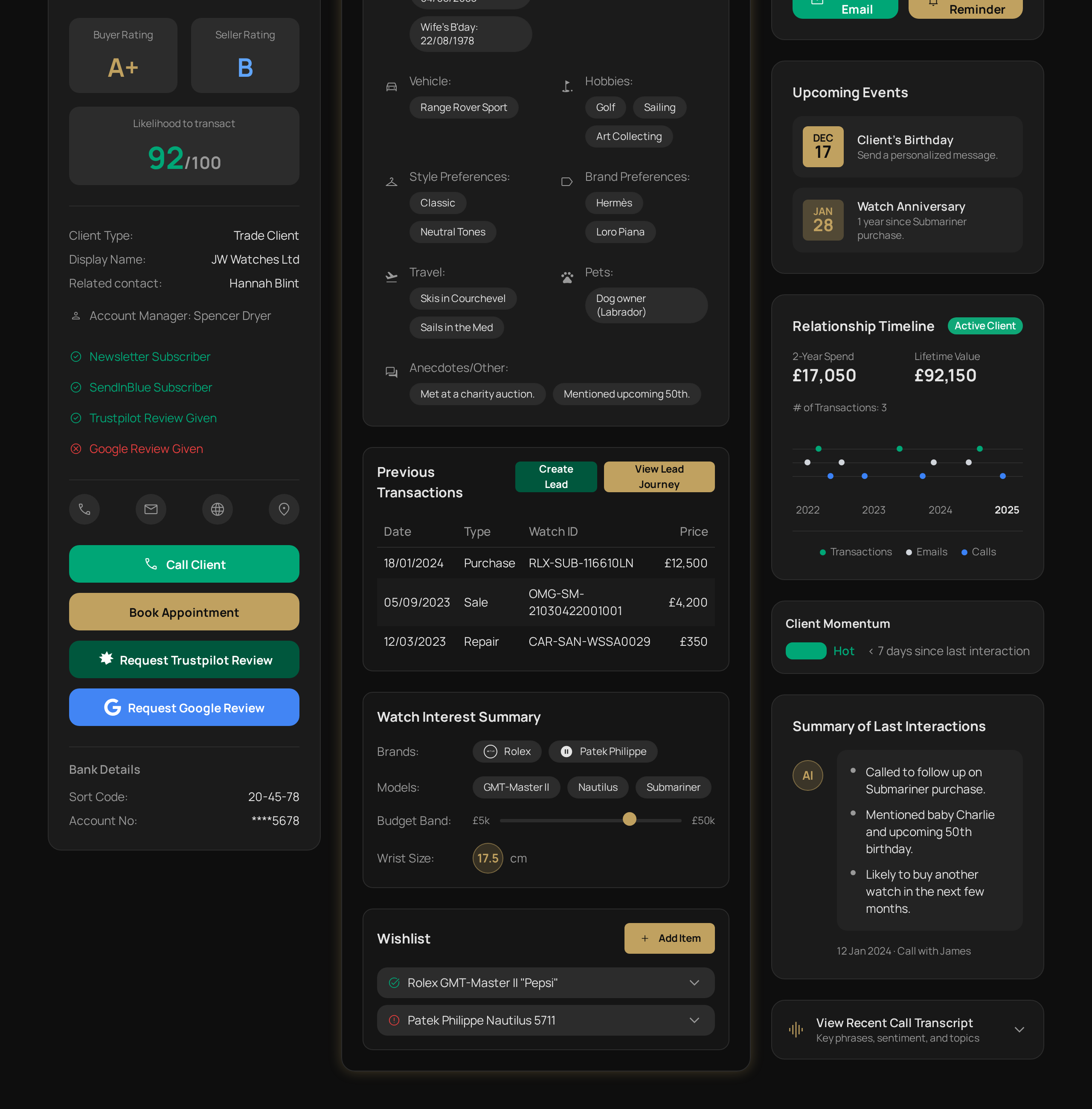 Client Intelligence System dashboard for luxury watch retailer — AI-powered CRM built by Innate AI